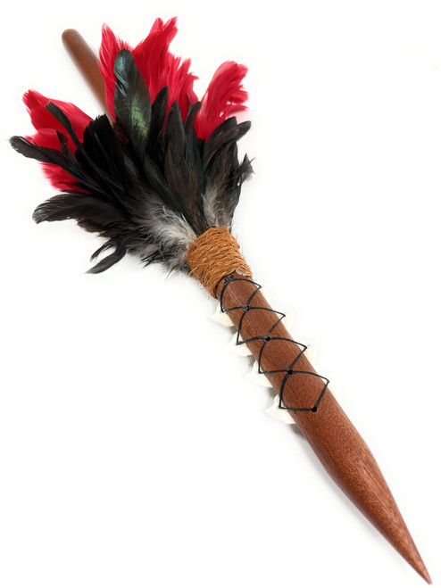 Koa Spear 24 inch w/ Shark Teeth & Black-Red Feathers
